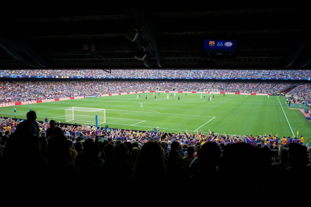 A soccer field with a crowd