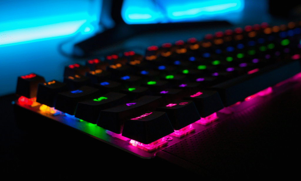 A black keyboard with RGB backlighting