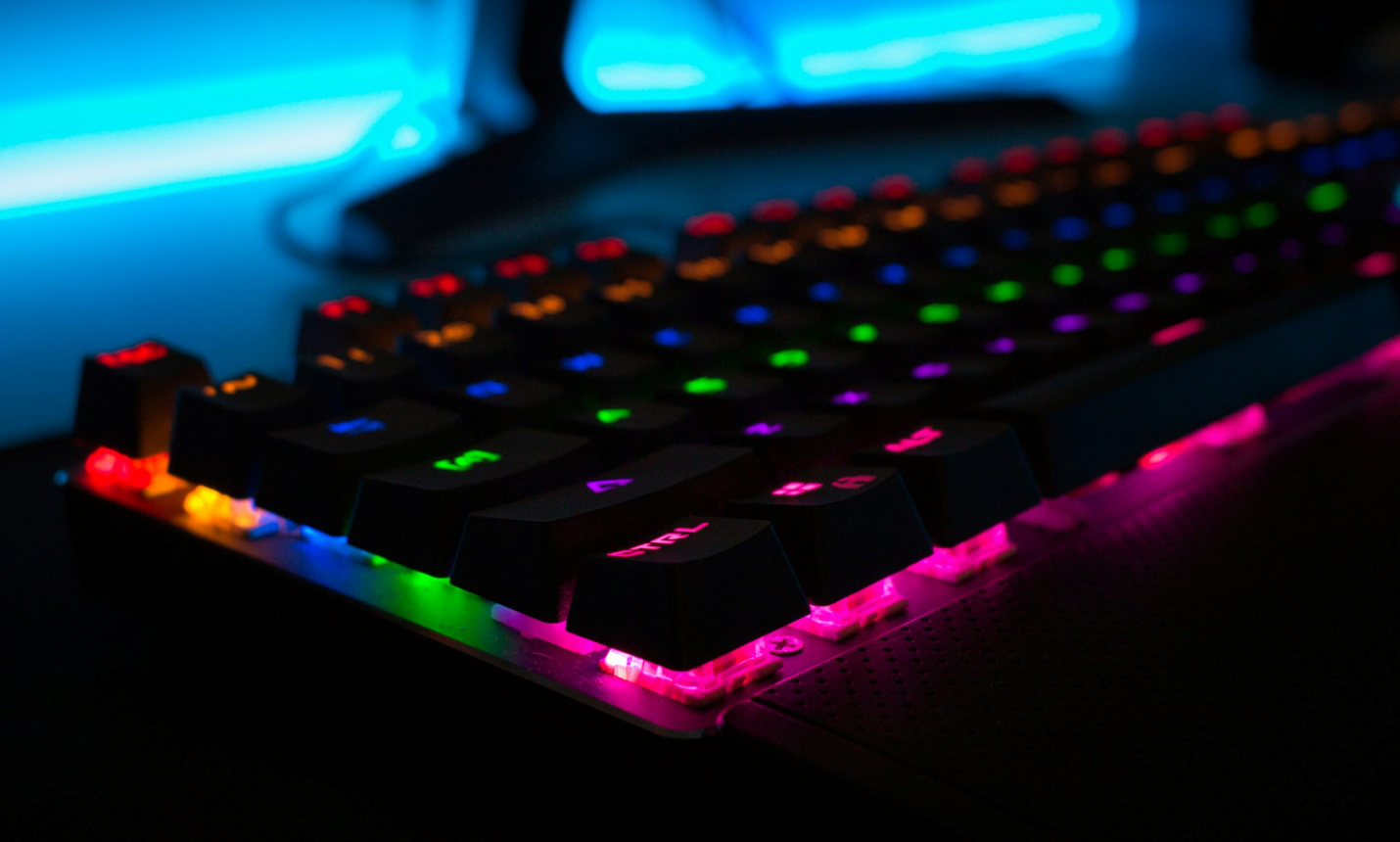 A black keyboard with RGB backlighting
