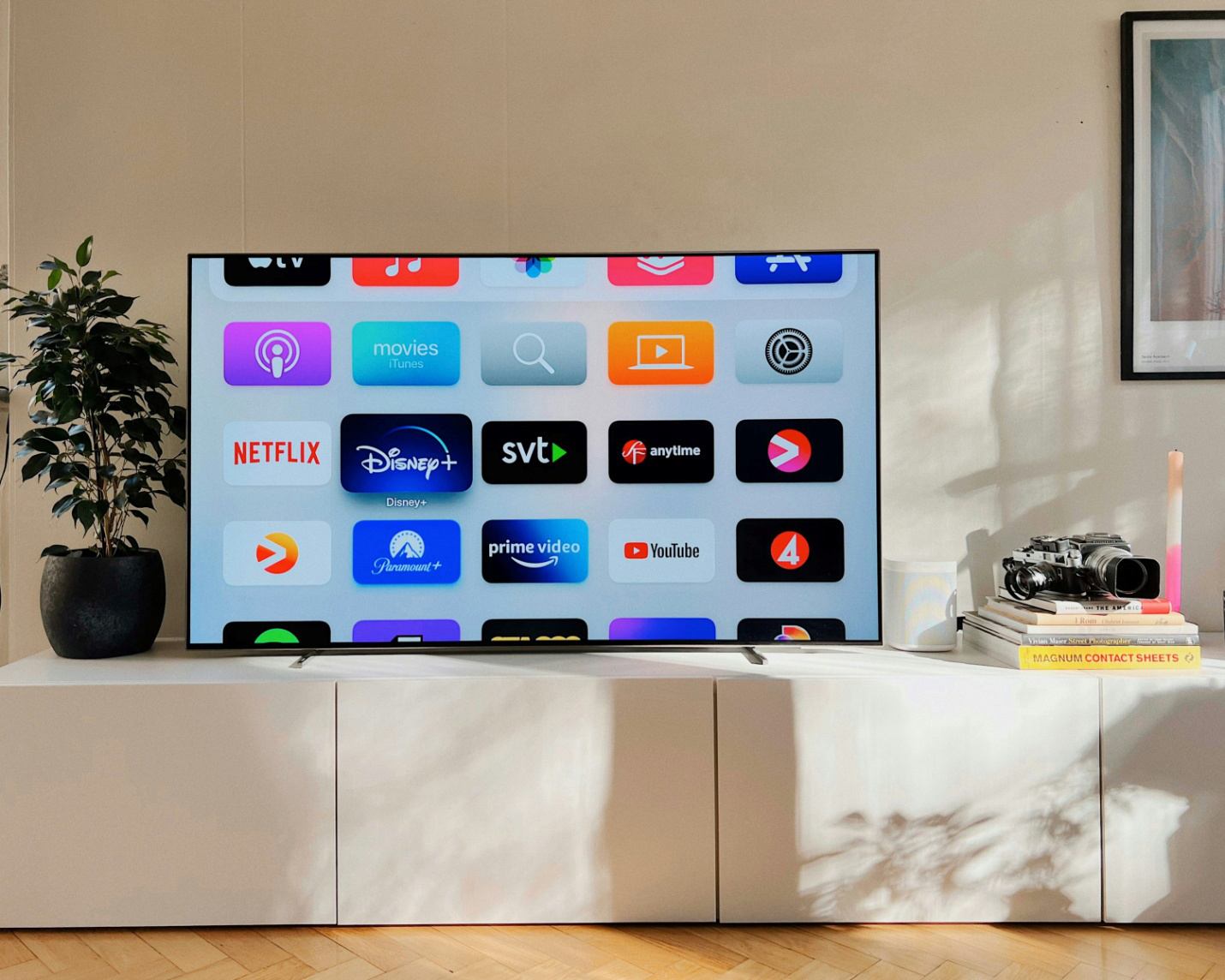 A TV screen with different streaming apps 