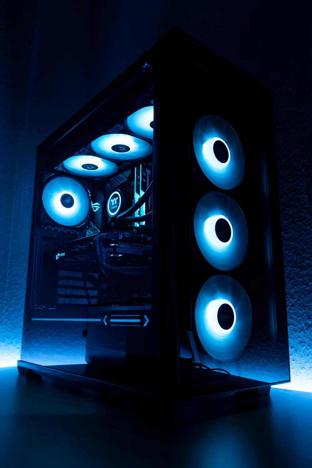 A gaming PC with blue lights